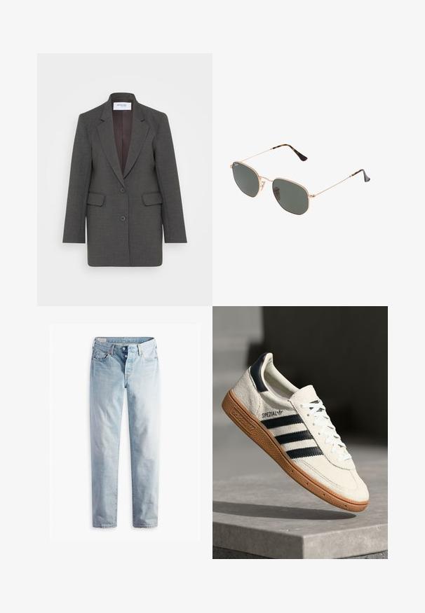 Šedý blazer s přiléhavým střihem, se zářezovými klopami, dvěma předními kapsami a dvěma předními knoflíky. Podšívka v tmavším odstínu.; Šedý svetr s pleteným vzorem, dlouhými rukávy, ribbovaným lemem a kulatým výstřihem. Malá logo akcentace na hrudi.; Světle modré denimové džíny s rovnými nohavicemi, dvě přední kapsy a dvě zadní kapsy. Obsahují dvouknoflíkový zip a jemné prošívání.; Bílé semišové tenisky s námořnickými pruhy, gumovou podrážkou, texturovaným svrškem, kulatou špičkou a šněrováním; obsahují branding na boku a na jazyku.; Sluneční brýle s kovovým zlatým rámem a tmavě zelenými skly, styl aviatorek, s úzkými obroučkami a želvovinovými akcenty na špičkách.