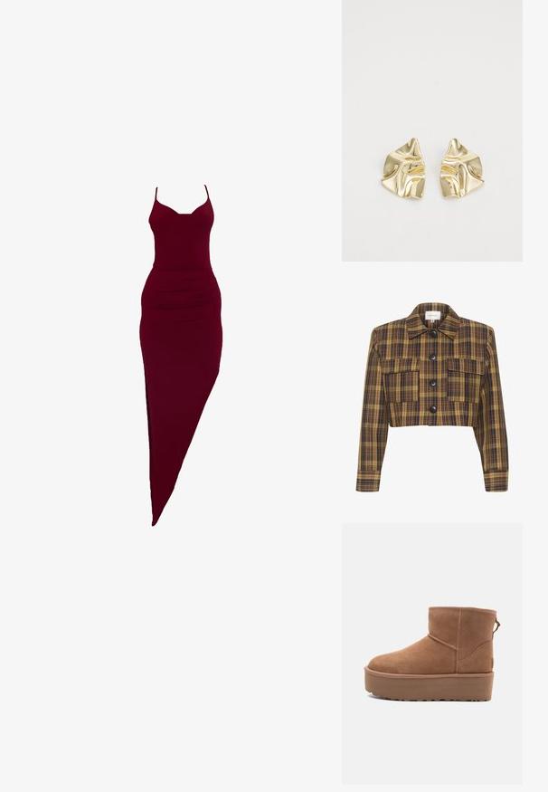 Cropped jacket with a yellow and brown plaid pattern, black buttons, two front pockets, and a pointed collar. Cotton blend material.; Burgundy fitted dress with spaghetti straps, featuring a side slit and ruched detailing at the waist, made of stretchy fabric.; Tan suede ankle boot with a platform sole, rounded toe, and stitching accents; features a pull tab at the back for easy wear.; Gold metallic earrings with a wavy design; smooth, reflective surface; asymmetric shape; no visible patterns or hardware.