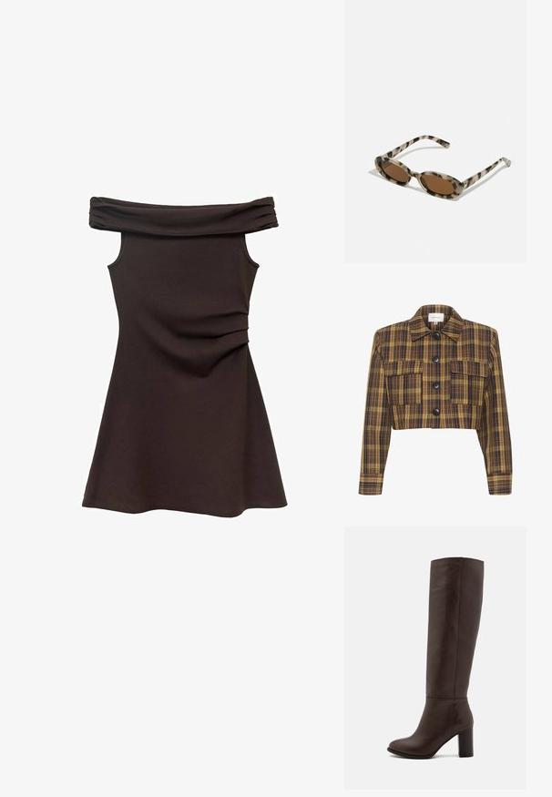 Jachetă scurtă cu un model în carouri galbene și maronii, butoane negre, două buzunare frontale și guler ascuțit. Material din amestec de bumbac.; Rochie maro cu umerii la vedere, cu o bustieră ajustată, dintr-un material moale și cu detalii plisate la talie, care se lărgește într-o fustă de stil skater.; Botă din piele maro, până la genunchi, cu toc bloc, textură netedă, vârf rotund și detalii de cusătură minime.; Ochelari de soare cu model țestoasă, cu lentile ovale, nuanță marron și laterale subțiri cu model. Material din plastic ușor, cu accente aurii subtile.