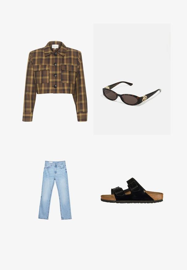 Afskåret jakke med et gult og brunt ternet mønster, sorte knapper, to frontlommer og en spids krave. Materialet er en bomuldsblanding.; Stripet T-shirt i marineblå og hvid, korte ærmer, rund hals, med et grafisk motiv af kirsebær og teksten "Super Dessert" på venstre bryst.; Lyseblå denimjeans med lige pasform, fem-lomme-design og synlig syning. Mellem-høj talje med klassisk knap- og lynlåslukning.; Sorte patentlæder sandaler med to justerbare stropper, korksål og gummisål, der har en glat tekstur og et minimalistisk design.; Skildpaddemønster solbriller med aflange ovale linser, brun farve, guldlogo accenter på stængerne og slanke sorte arme.