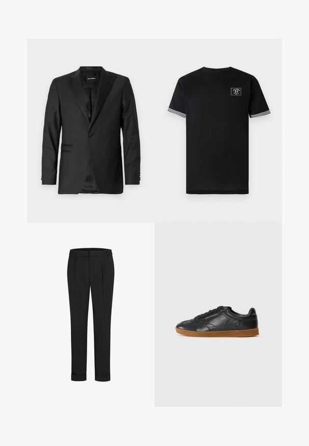 Černý blazer s klopou, jeden knoflík, strukturovaný design, texturovaná tkanina a dvě přední kapsy. Podšitý interiér se vzorem.; Černé bavlněné tričko s kulatým výstřihem, krátkými rukávy a bílými pruhovanými detaily. Na hrudi má čtvercovou nášivku s logem.; Černé kalhoty s elastickým pasem, s rovnými nohavicemi a ohrnutými lemy. Vyrobené z hladké tkaniny bez vzorů.; Černé kožené tenisky s kulatou špičkou, šněrováním v přední části a kontrastní gumovou podrážkou. Na straně a vzadu je plastický branding.