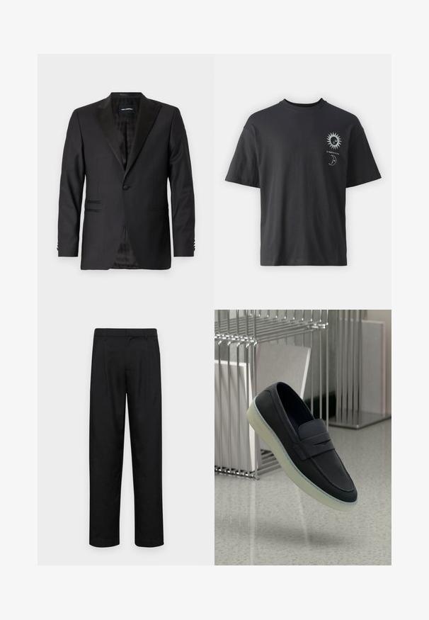 Black blazer with a notch lapel, single button, structured design, textured fabric, and two front pockets. Lined interior with a pattern.; Black cotton t-shirt with short sleeves, round neck, and front graphics of a sun and moon, accompanied by text "Le Soleil et La Lune."; Black trousers made of smooth fabric, featuring a straight-leg design, two front pleats, and standard waistband with belt loops.; Navy leather slip-on shoes with a rounded toe, featuring a decorative strap and a translucent rubber sole. Subtle logo on the side.