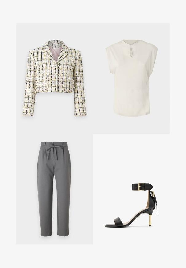 Zastrihnutá bunda z mnohofarebnej tweed látky s károvaným vzorom, ktorá má tri predné gombíky a jemné ružové podšívanie.; Biely krátky rukáv top s okrúhlym výstrihom a malým detailom v tvare kľúčovej diery vpredu. Hladká textúra, voľný strih a mierne zakrivený lem.; Sivé zúžené nohavice z hladkej látky s button zapínaním a opaskom previazaným v páse. Bez viditeľných vreciek.; Čierne kožené sandále na podpätku so štvorcovou špičkou, remienkom okolo členka s zlatou sponou a štíhlym kovovým podpätkom. Hladká textúra, minimalistický dizajn.