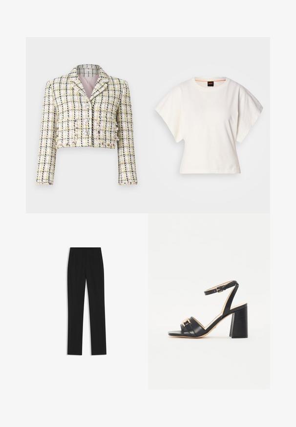Kurz geschnittene Jacke aus mehrfarbigem Tweed mit Karomuster, ausgestattet mit drei vorderen Knöpfen und einem weichen rosa Futter.; Weißes, kurzes T-Shirt, kurze weite Ärmel, weicher Baumwollstoff, runder Ausschnitt mit subtilen orangefarbenen Akzenten, minimales Design, keine Muster oder Grafiken.; Schwarze maßgeschneiderte Hose mit geradem Bein, ausgestattet mit Fronttaschen und einem glatten, strukturierten Stoff. Saubere, minimale Details.; Schwarze Absatzsandalen aus glattem Leder, mit quadratischer Zehenpartie, Knöchelriemen und einem goldfarbenen Akzent an der Vorderseite.