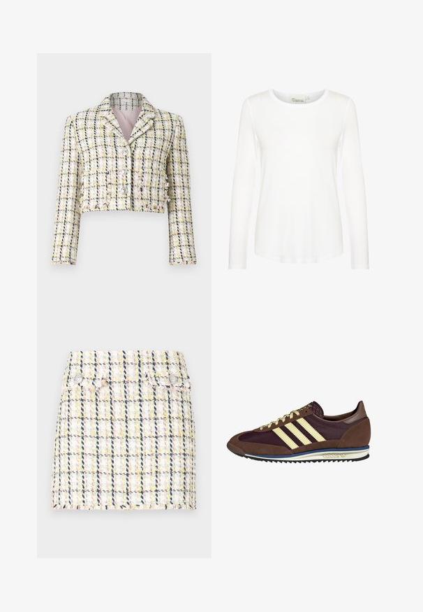 Zkrácená bunda z vícebarevné tkaniny s kostkovaným vzorem, vybavená třemi předními knoflíky a měkkou růžovou podšívkou.; Bílý dlouhý rukáv top s kulatým výstřihem. Vyroben z hladkého materiálu s přiléhavým střihem. Štítek viditelný na krku. Bez vzorů nebo akcentů.; Mini sukně z tvídu s barevným kostkovaným vzorem, třepeným lemem a dvěma kovovými knoflíky v přední části.; Hnědé a burgundské tenisky z semiše a síťoviny, s třemi krémovými pruhy, texturovaným materiálem na jazyku a gumovou podrážkou.