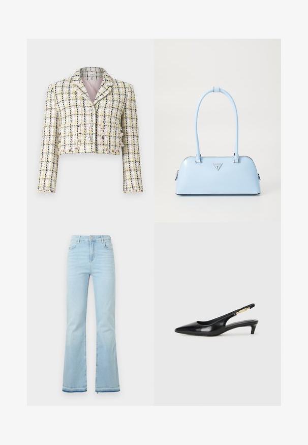 Giacca cropped in tweed multicolore con motivo a quadri, dotata di tre bottoni frontali e di una morbida fodera rosa.; Maglietta in cotone nera con scollatura tonda, maniche corte e logo ricamato sul petto. Design semplice e vestibilità rilassata senza motivi.; Jeans flare azzurri in denim, caratterizzati da una vita alta, tasche anteriori e un orlo grezzo ai polsini per un look casual.; Tacchi slingback in pelle nera con punta affusolata, caratterizzati da un tacco alto e un accento dorato sulla cinghia regolabile. Texture liscia.; Borsa a mano azzurro chiaro con forma strutturata, materiale in pelle liscia, due manici e logo triangolare sul davanti. Chiusura con zip.