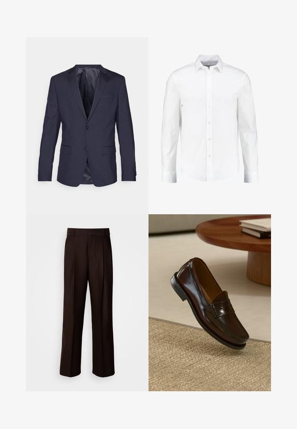 Sacou bleumarin din stofă netedă, cu două butoane, rever înformă de v, și două buzunare frontale, având un design elegant și croit pe măsură.; Cămașă albă cu mânecă lungă, din bumbac neted. Prezintă un guler clasic și închidere cu buton în față, având un tiv drept.; Pantaloni maro croiți, cu un design drept, având un pliț frontal, textură netedă și un brâu clasic. Potriviți pentru îmbrăcăminte formală.; Loaferi din piele maro cu un finisaj lucios, având un detaliu cusut în partea din față și o talpă joasă din cauciuc negru.