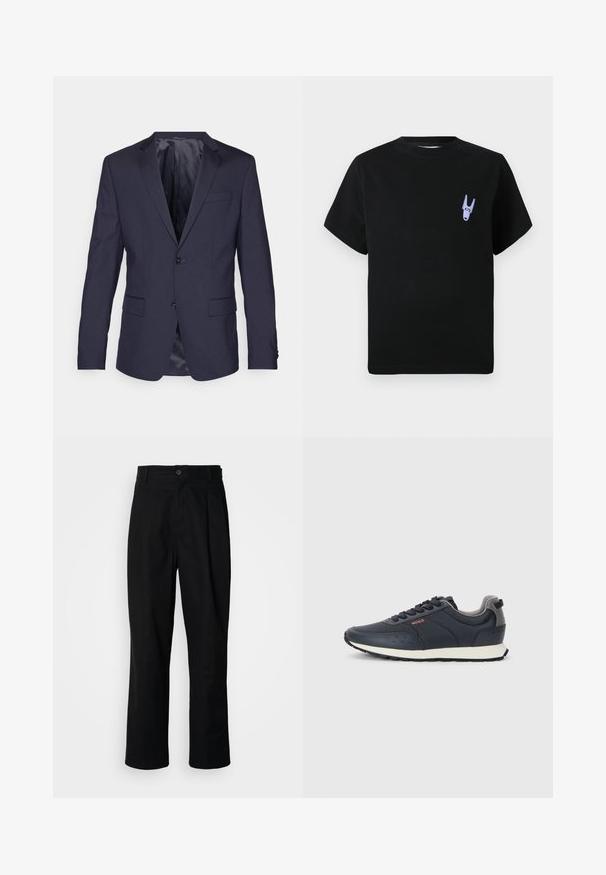 Navy plavi sako od glatke tkanine, s dva dugmeta, izrezanim okovratnikom i dva prednja džepa, s elegantnim, krojenim dizajnom.; Crna pamučna majica s kratkim rukavima, s malim ljubičastim grafičkim detaljem na lijevoj strani grudi. Jednostavan, kutni dizajn.; Crne hlače ravnog kroja s pojasom na dugmad, špicevima za remen i prednjim pregibom, prikazane na čisto bijeloj pozadini.; Mornarsko plave teniske s glatkom sintetičkom gornjom stranom, okruglim prstom, sivim naglascima, veznim dizajnom i bijelim srednjim potplatom s teksturiranim crnim potplatom.