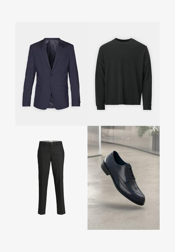 Námořnický modrý sak z hladké tkaniny, se dvěma knoflíky, klopami a dvěma předními kapsami s elegantním, přizpůsobeným střihem.; Černé tričko s dlouhými rukávy vyrobené z bavlny, s kulatým výstřihem, volným střihem a žebrovanými manžetami. Hladká textura bez viditelných vzorů.; Černé kalhoty, s přiléhavým střihem, hladká tkanina, střední pas, přední zapínání na knoflík, šikmé kapsy a záhyby podél nohavic.; Lesklá černá kožená společenská obuv s tkaničkami, plovoucí nad hladkým, světle šedým podlahovým povrchem a s vertikálními kovovými pruty v pozadí.