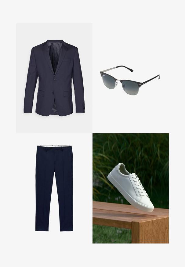 Marineblauwe colbert van gladde stof, met twee knopen, notch revers en twee voorzakken met een slank, op maat gemaakt ontwerp.; Witte T-shirts met korte mouwen gestapeld, gemaakt van katoen. Heeft een ronde hals en een rechte snit. Stof lijkt soepel zonder patronen.; Marineblauwe broek met een slim fit en een streepdessin. Beschikt over een ritssluiting, ceintuurlussen en zijzakken. Soepele stofstructuur.; Witte vetersneaker die boven een houten bank zweeft met groene bladeren op de achtergrond, waarbij het ontwerp en de textuur van de schoen worden getoond.; Zwarte en zilveren zonnebril met een cat-eye vorm, gradient lenzen en metalen accenten op het montuur. Plastic armen met grijze punten.