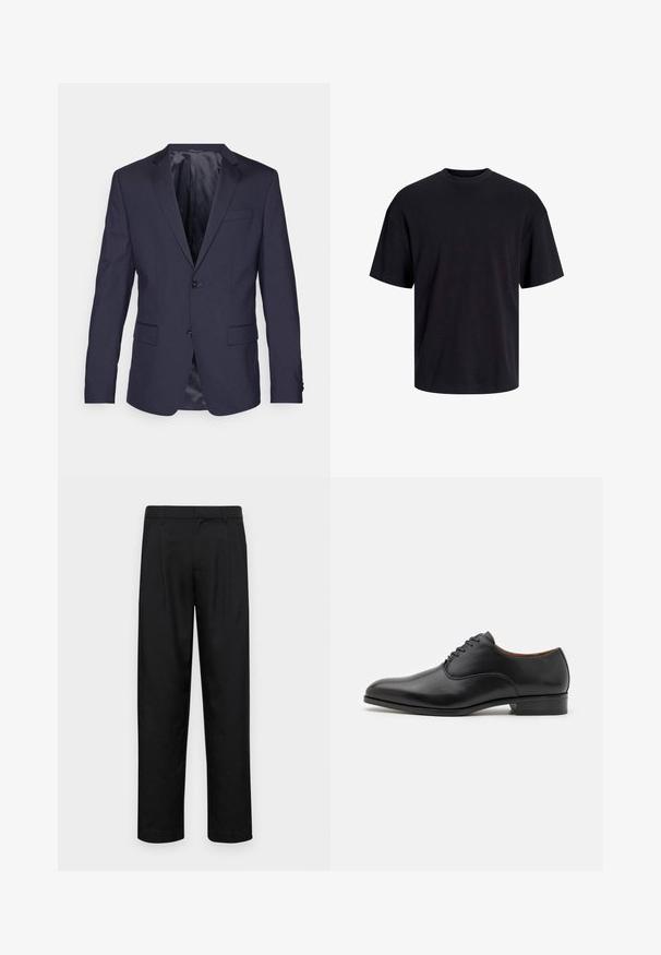 Navy blue suit jacket made of smooth fabric, featuring two buttons, notch lapels, and two front pockets with a sleek, tailored design.; Black cotton t-shirt with a crew neckline, short sleeves, and a relaxed fit. Smooth texture and no visible patterns or accents.; Black trousers made of smooth fabric, featuring a straight-leg design, two front pleats, and standard waistband with belt loops.; Black leather dress shoe with a smooth finish, pointed toe, and six eyelet lace-up design, featuring a low heel and subtle stitching accents.