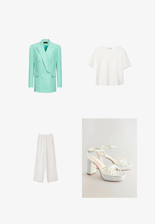 Dvojdobni blazer v mint zeleni barvi, izdelan iz lanenega materiala, z obročastimi reverji, dvema sprednjima žepoma in gumbi oblečenimi v blago.; Bela kratka majica s kratkimi rokavi iz bombaža. Ima okroglo izrezovanje in sproščen kroj. Gladka tekstura brez vidnih vzorcev ali poudarkov.; Bele široke hlače iz lahkega materiala. Imajo elastičen pas s vrvico in stranske žepe. Gladka tekstura.; Bela sandala s peto blokom, ki ima širok sprednji trak in križne gležnjske trakove. Gladek satenski zaključek, minimalističen dizajn.