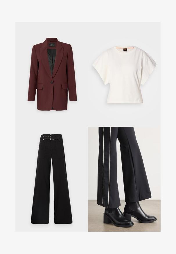 Bruuns Bazaar CINDYSUS - Blazer - sassafras; Weißes, kurzes T-Shirt, kurze weite Ärmel, weicher Baumwollstoff, runder Ausschnitt mit subtilen orangefarbenen Akzenten, minimales Design, keine Muster oder Grafiken.; Schwarze weitgeschnittene Hose aus Baumwolle, mit hoher Taille, großen Seitentaschen und einem taillierten Bund mit silbernen Hardware-Akzenten.; Schwarze Lederstiefeletten mit einem Blockabsatz, ausgestattet mit elastischen seitlichen Einsätzen. Kombiniert mit schwarzen Hosen, die einen weißen Seitenstreifen haben.