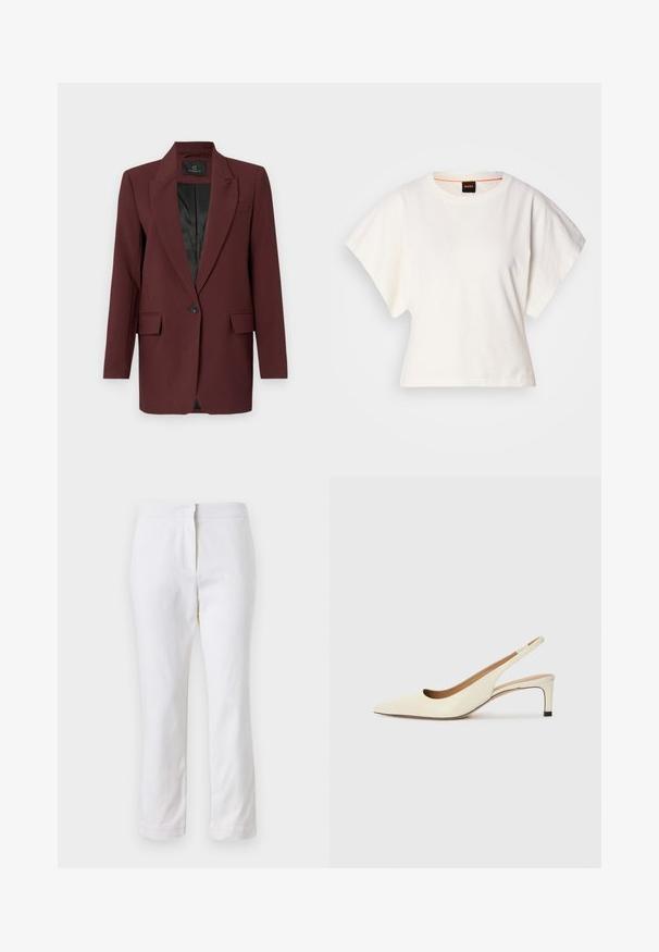Bruuns Bazaar CINDYSUS bordowy; Biała, krótka koszulka z szerokimi rękawami, wykonana z miękkiej bawełny, okrągły dekolt z delikatnym pomarańczowym wykończeniem, minimalistyczny design, bez wzorów i grafik.; Białe bawełniane spodnie o prostym kroju nogawki, z średnim stanem, bez widocznych elementów metalowych czy wzorów. Gładka tekstura na całej powierzchni.; Sandały na niskim obcasie w kolorze kości słoniowej, z ostrym noskiem i wycięciami, o gładkiej teksturze i minimalnych akcentach.