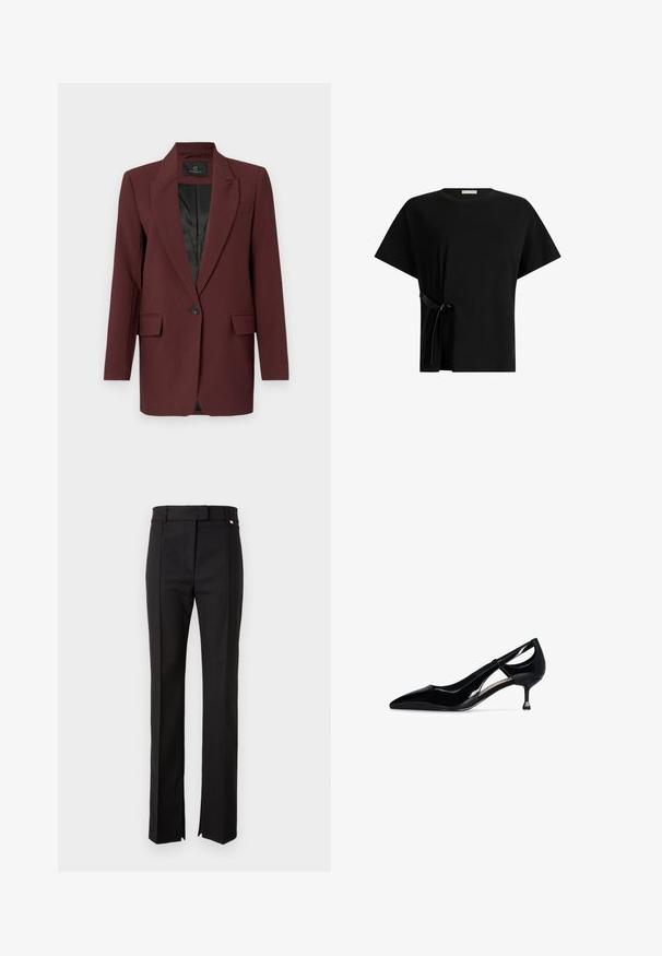 Bruuns Bazaar CINDYSUS  - Blazer - sassafras; Black cotton t-shirt with short sleeves, featuring a side tie detail. Simple, loose-fitting design with a crew neckline.; Black tailored trousers with a straight leg design, featuring a waistband with a button closure and side slits at the hem.; Black patent leather high heel shoe with a pointed toe, cut-out design, and a slender heel featuring a metallic accent.