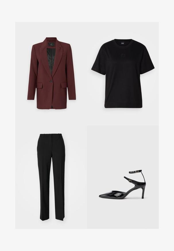 Bruuns Bazaar CINDYSUS  - Blazer - sassafras; T-shirt en coton noir avec un col rond, des manches courtes et un logo brodé sur la poitrine. Coupe simple et décontractée sans motifs.; Pantalon noir ajusté avec une coupe droite, présentant une texture lisse et des plis nets sur le devant. Aucune quincaillerie visible.; Talons en cuir verni noir avec un bout pointu, des sangles de cheville ajustables et un talon fin. Texture lisse avec une finition brillante.