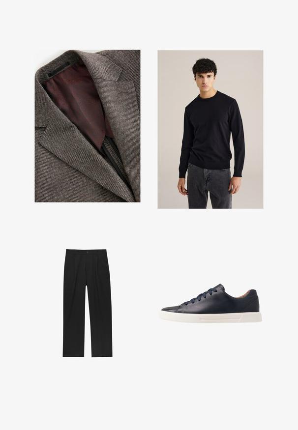 Blazer grigio texturizzato con colletto a revers, dotato di una fodera a motivo bordeaux. Cuciture visibili e tasca interna sul lato sinistro.; Maglione girocollo in cotone nero con maniche lunghe, polsini e fondo a coste; abbinato a jeans grigi. Design semplice e aderente senza motivi.; Giovane uomo con capelli ricci di castano chiaro che indossa una t-shirt nera a maniche corte e pantaloni grigi, che guarda verso sinistra con le mani nelle tasche.; Pantaloni neri con un design a gamba dritta, realizzati in un tessuto liscio. Presentano pieghe frontali e una chiusura a un bottone in vita.; Sneakers in pelle blu navy con finitura liscia, suola piatta in gomma bianca, punta rotonda e sei lacci blu navy infilati attraverso occhielli rotondi.
