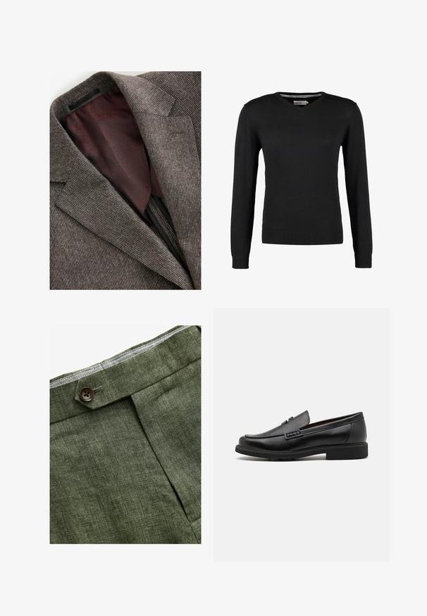 Šedý texturovaný blazer s hřebíčkovým límcem, se smetanovým vzorovaným podšívkou v barvě vínu. Viditelné švy a vnitřní kapsa na levé straně.; Černý, přiléhavý svetr s V-výstřihem a dlouhými rukávy. Vyrobeno z měkké pleteniny, s žebrovanými manžetami a pasem. Minimalistický design.; Bílý bavlněný tričko s kulatým výstřihem nošené s námořnickými plisovanými kalhotami a hnědým koženým páskem se zlatou sponou.; Olivově zelené lněné kalhoty s předním záhybem, vybavené zapínáním na knoflík a kontrastní kostkovanou podšívkou v pase.; Černé syntetické mokasíny s výrazně prošívanou špicí, měkkou stélkou a plochou gumovou podrážkou; elegantní design s minimálním zdobením.