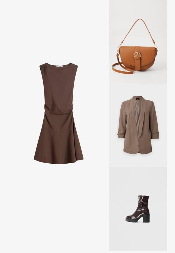 Barna, könnyű zakó, kivágott gallérral és háromnegyedes ujjakkal. Sima textúrájú, nyitott elülső résszel és fazonra szabott designnal, amelynek nincsenek záróelemei.; Ujjatlan, barna, térdhez érő ruha kerek nyakkivágással és enyhe oldalrész összegyűréssel, bővülő szoknyával, sima fehér háttér előtt.; Fényes bordó bokacsizma vastag fekete sarokkal, sima felülettel és egyszerű dizájnnal. Nincsenek látható zárak vagy minták.; Barna bőr keresztbody táska ívelt formával, aranyszínű fémrészekkel és csat díszítéssel. Levehető vállpánttal rendelkezik.