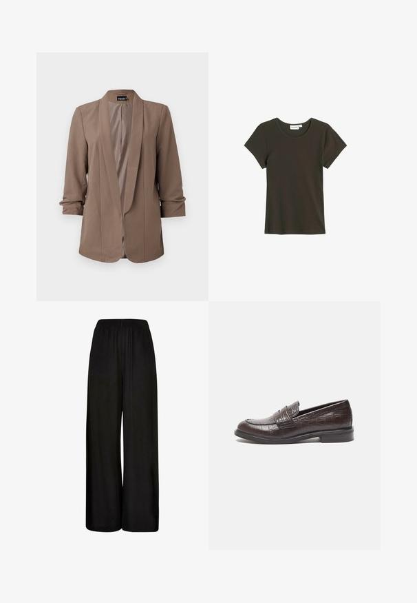 Brun, lätt blazer med sågad revers och trekvartsärmar. Slen yta, öppen front och skräddarsydd design utan knäppningar.; Mörkgrön kortärmad t-shirt i mjukt, ribbat material med rundad halsringning och avslappnad passform, med minimala sömdetaljer.; Svarta byxor med vida ben gjorda av ett mjukt tyg. Har en elastisk midja och en lös, flödande passform för komfort och rörelsefrihet.; Mörkbruna läderloafers med krokodiltextur, låg klack och sydda detaljer framtill för en extra design.
