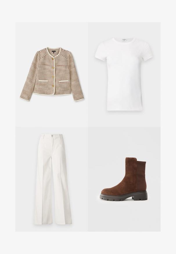 rag & bone MIRABELLE JACKET - Blazer - ivory; Wit geribd T-shirt met korte mouwen en een ronde hals. De stof lijkt glad met een getailleerde pasvorm. Logo zichtbaar op de kraag.; Witte wijde-broek gemaakt van katoen met een gladde textuur. Voorzien van een knoop aan de voorkant, ritsopening en vierzakkenontwerp.; Bruine suede enkellaars met elastische zijpanelen, ronde neus en een dikke rubberen zool met een gestructureerd loopvlakpatroon.