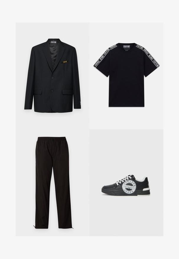 Blazer nero realizzato in tessuto strutturato, dotato di due bottoni, due tasche frontali e una toppa con logo sul lato sinistro del petto. Design con revers classico.; T-shirt nera a maniche corte con bande di testo bianco "Versace Jeans Couture" che corsette lungo le spalle e le maniche superiori.; Pantaloni leggeri neri con vita elastica, chiusura con cordino e orli con zip per una vestibilità regolabile. Texture liscia e elegante.; Sneaker nere in pelle con accenti bianchi, dettagli del logo rotondo, punta perforata e suola a contrasto. Presentano lacci bianchi e branding.