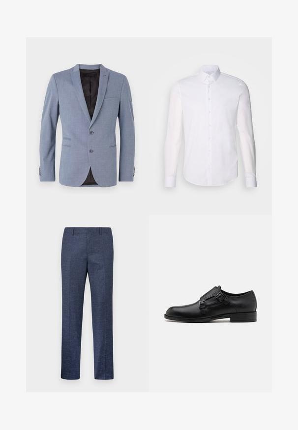 Light blue blazer made of textured fabric, featuring two buttons, notch lapels, side pockets, and a black interior lining.; White long-sleeve button-up shirt made from cotton, featuring a classic collar, front buttons, and minimal stitching detail.; Navy blue trousers made from a textured fabric, featuring straight legs, a flat front, and two side pockets. No visible patterns or accents.; Black leather dress shoe with dual buckles, sleek silhouette, and round toe. Features a low heel and smooth texture.
