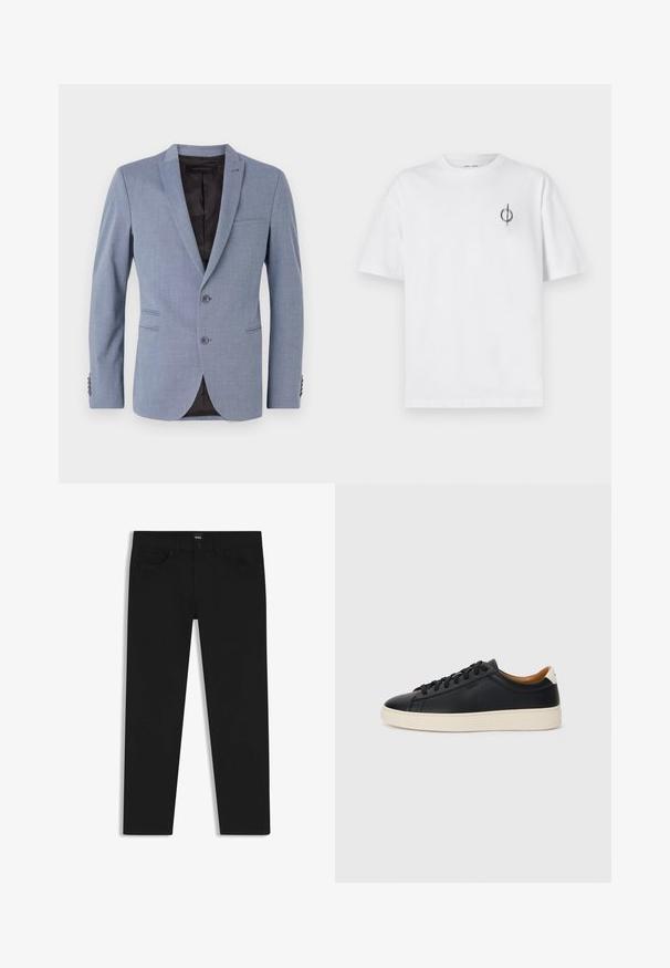 Light blue blazer made of textured fabric, featuring two buttons, notch lapels, side pockets, and a black interior lining.; White cotton t-shirt with a relaxed fit, featuring a small black graphic logo on the left chest area. Short sleeves, crew neck style.; Black denim trousers with a straight cut, featuring a standard waistband, five pockets, and a button closure. Smooth texture throughout.; Black leather sneakers with a smooth texture, beige rubber sole, lace-up design, and a contrasting heel accent.