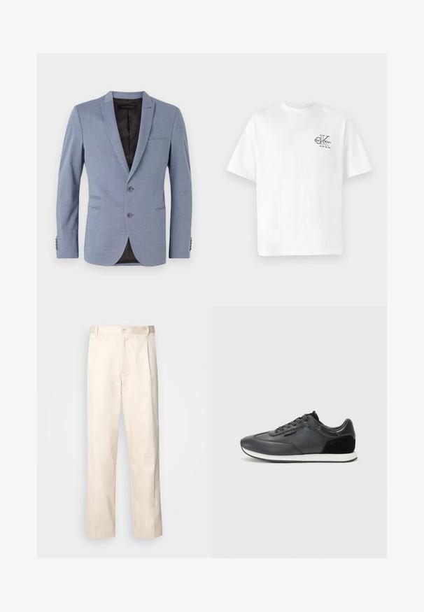 Blazer azul-claro feito de tecido texturizado, com dois botões, lapelas recortadas, bolsos laterais e um forro interior preto.; T-shirt de algodão branco com mangas curtas, gola redonda, apresentando um logo CK preto na área do peito esquerdo, ajuste padrão, textura suave.; Calças de algodão bege com corte reto, apresentando um fecho de botão e pregas na frente para um detalhe adicional.; Sapatilhas atléticas negras com parte superior em couro com detalhes perfurados, acabamentos em camurça e sola de borracha branca. Design clássico com atacadores.