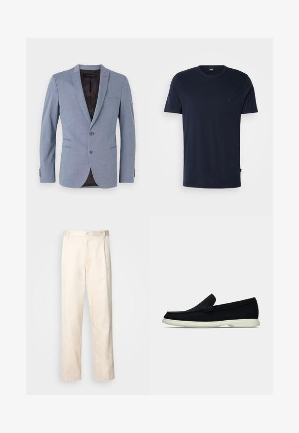 Jasnoniebieski żakiet z teksturowanej tkaniny, z dwoma guzikami, klapami w szpic, kieszeniami bocznymi i czarną podszewką.; Granatowa koszulka z okrągłym dekoltem wykonana z miękkiej bawełny, z krótkimi rękawami i małym logo na piersi. Prosty i klasyczny design.; Beżowe bawełniane spodnie o prostym kroju nogawki, z zapięciem na guziki i plisami z przodu dla dodatkowego zdobienia.; Czarny pantofel wsuwany z okrągłym noskiem, charakteryzujący się teksturowanym wierzchem, gładką białą podeszwą oraz subtelnym detalem z logo po boku.