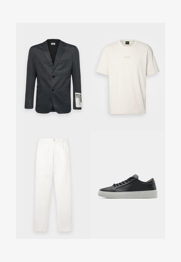 Dunkelgrauer Blazer mit zwei Vorderaschen und einem einzigen Knopfverschluss. Auffälliges Schrift-Detail am Ärmel. Glatte Textur.; BOSS TEE - T-Shirt basic - open white; Weiße Hose aus glattem Gewebe, mit geradem Bein, Vorderfalten und einem einzelnen Knopfverschluss an der Taille.; Schwarze Ledersneaker mit glatter Textur, runder Zehenform und schwarzen Schnürsenkeln. Verfügt über eine dicke, weiße Gummisohle mit subtilen geometrischen Akzenten.