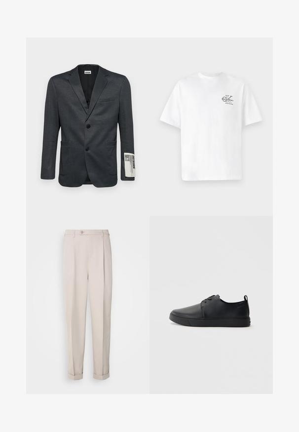 Blazer gris oscuro con dos bolsillos frontales y un cierre de botón único. Detalle de texto notable en la manga. Textura suave.; Camiseta blanca de algodón con mangas cortas, cuello redondo, que presenta un logotipo negro de CK en la parte izquierda del pecho, ajuste estándar, textura suave.; Pantalones beige de tela suave, con corte recto, pliegue sencillo y puños enrollados. Incluyen un cierre frontal con botones.; Zapatilla negra de cuero con acabado suave, punta redondeada, costuras a tono, cordones en la parte delantera y suela de goma plana. Asa en el talón.