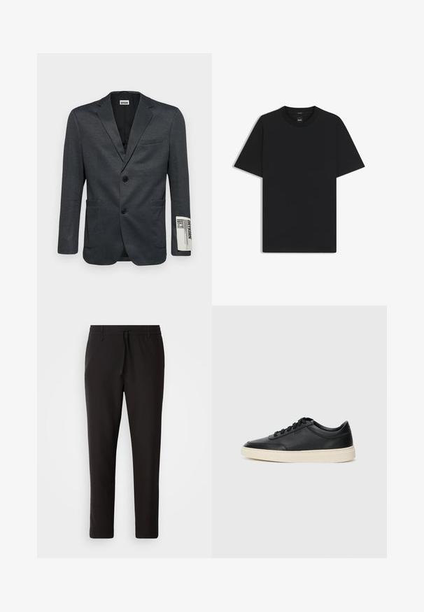 Mørkegrå blazer med to frontlommer og enkelt knaplukning. Bemærkelsesværdig tekstdetalje på ærmet. Glat tekstur.; Sort kortærmet T-shirt lavet af en glat bomuldsblanding, med en rund halsudskæring og et minimalistisk design uden mønstre eller accenter.; Sorte joggebukser lavet af glat stof. Har en elastisk talje med snor, tætsiddende ben og ingen synlige lommer. Enkel design.; Sort lavt top lædersneaker med sorte snørebånd og off-white sål vist i sideprofil på hvid baggrund.