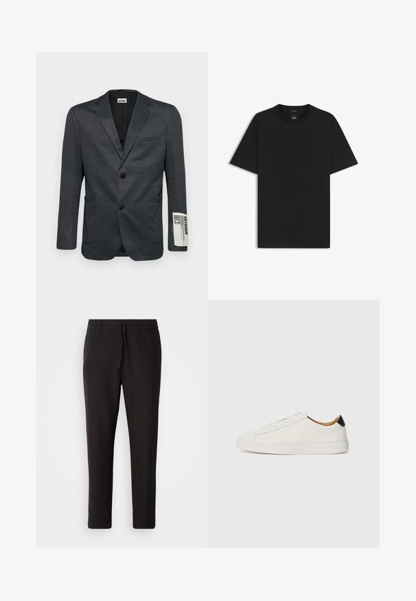 Donkergrijze blazer met twee voorzakken en een enkele knoopsluiting. Opmerkelijke tekstdetail op de mouw. Soepele textuur.; Zwarte korte mouwen T-shirt van een gladde katoenmix, met een ronde halslijn en een minimalistisch ontwerp zonder patronen of accenten.; Zwarte joggingsbroek van gladde stof. Kenmerkt zich door een elastische tailleband met een trekkoord, taps toelopende benen en geen zichtbare zakken. Eenvoudig ontwerp.; Witte sneaker met een gladleren bovenkant, ronde neus en platte zool. Zwarte accenten bij de hiel, voorzien van tonale veters en minimale branding.