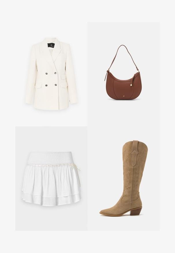 Dobbeltbrystet blazer i tekstureret hvidt stof. Har sorte metalknapper, to forlommer og reverskrave.; To bomulds crop tops i hvid og sort. Hver har en dyb udskæring og tynde skulderstropper, der har en glat, blød tekstur.; Hvid tiered nederdel med elastisk talje, der har en tekstureret smocking-detalje og en dekorativ båndaccent. Lavet af bomuldsstof.; Tan ruskind cowboy støvler med spids tå, mellemhøj skaft og dekorativ syning langs siderne. Har en stablet træhæl.; Brun faux læder skuldertaske med buet form, minimal syning og en guldtonet hardwaredetalje. Har en top lynlåslukning og justerbar rem.