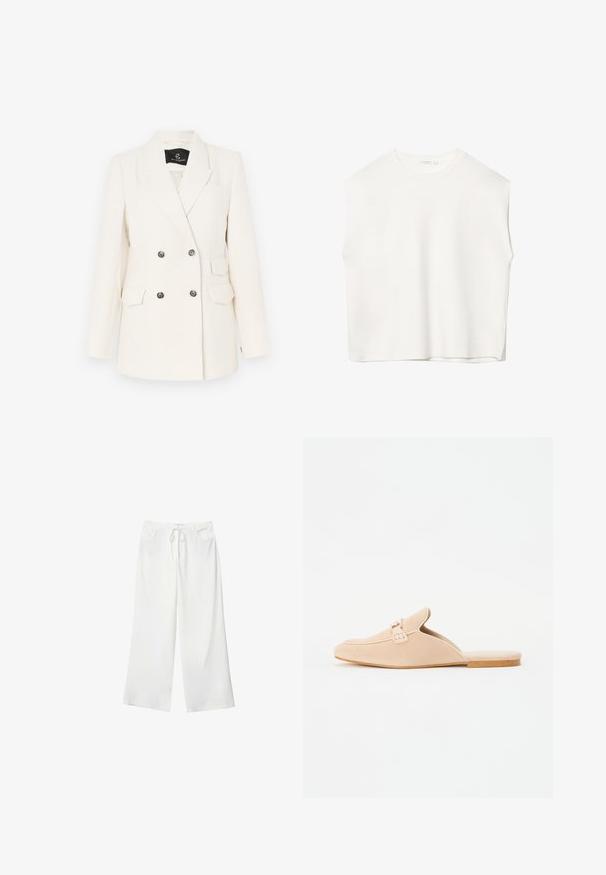 Dobbeltbrystet blazer i tekstureret hvidt stof. Har sorte metalknapper, to forlommer og reverskrave.; Hvid ærmeløs top med en afslappet pasform, rund halsudskæring, glat tekstur og lige kant. Simpelt design uden mønstre eller hardware.; Hvide bukser med vidde lavet af blødt stof, med bindebånd i taljen og to forlommer. Glat tekstur og uden synlige mønstre.; Beige ruskinds slip-on loafers med lukket tå, der har en dekorativ spænde detalje og en flad korksål. Glat tekstur med minimalistisk design.
