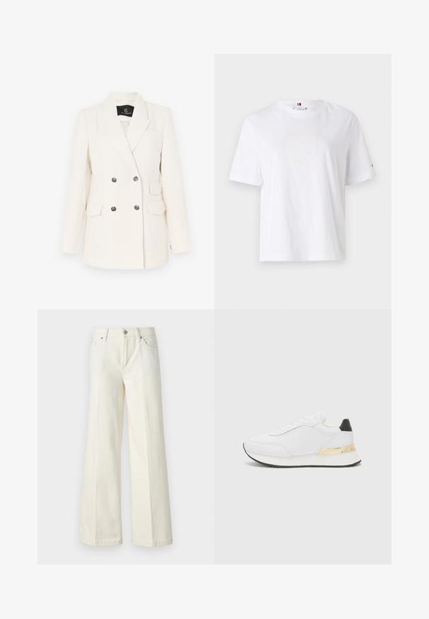 Kahe nööbiga bleiser tekstureeritud valgest kangast. Omab musti metallnööpe, kahte esip Sukakest ja lõigatud klappi.; Valge puuvillane T-särk ümarate kaelaaukude, lühikeste varrukate ja peene kollase logoga, millel on tekst "HILFIGER NEW YORK 1985". Tavaline lõige.; Laiad valged teksad, mis on valmistatud puuvilla segust. Omavad lukuga eesmist sulgemist, viie taskuga disaini ning õmblusi pükste saemetes.; Valged sneakers sileda viimistlusega, millel on must kanna aktsent ja kuldne metalldetail keskosa peal. Traatidega disain, kummist talla.