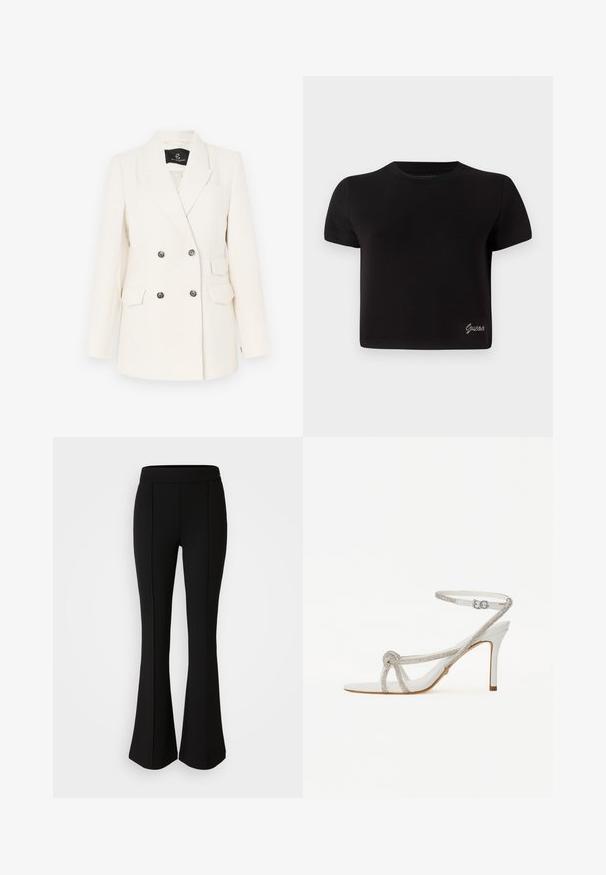 Double-breasted blazer in gestructureerde witte stof. Voorzien van zwarte knopen, twee voorkruiden en een gelapte revers.; Zwarte, kortemouw T-shirt van katoen. Heeft een ronde halslijn en een klein zilveren "Guess" logo aan de onderkant links.; Zwarte flared broek gemaakt van een rekbaar materiaal met een gladde textuur, met naaddetails aan de voorkant voor extra ontwerp.; Witte hoge hak sandaal met een textuurriem voorzien van rhinestones, open teen ontwerp en enkelband met verstelbare gesp.