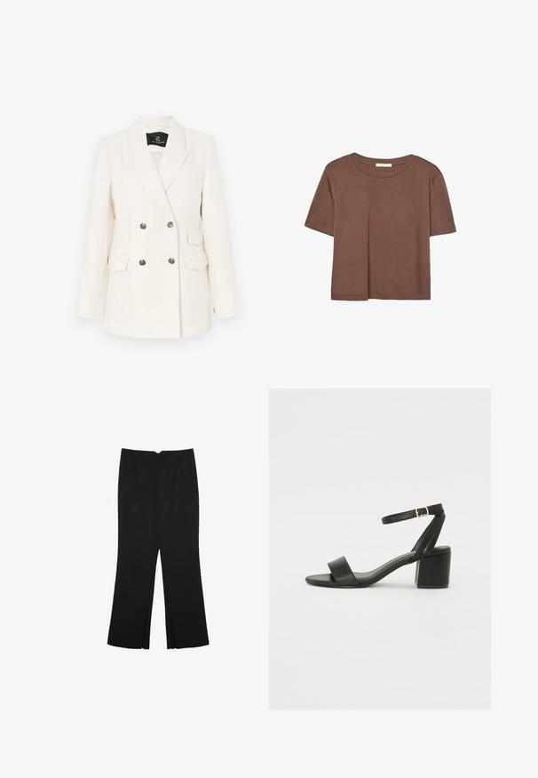 Dobbeltbrystet blazer i tekstureret hvidt stof. Har sorte metalknapper, to forlommer og reverskrave.; Brun kortærmet t-shirt lavet af blødt stof, med rund halsudskæring og afslappet pasform. Ingen synlige mønstre eller detaljer.; Sorte bukser med lige pasform, der har frontlommer og slidser i kanten. Lavet af blødt, glat stof. Velegnet til forskellige anledninger.; Sort hæl sandal med en glat læderoverdel, åben tå, brede frontstropper og justerbar ankelrem med detaljer i guldfarve.