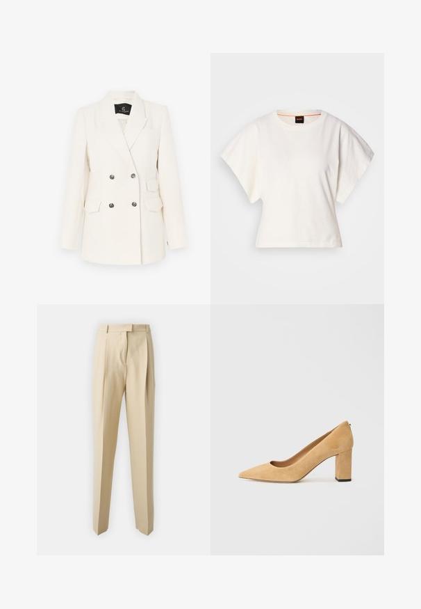 Dobbeltradet blazer i strukturert hvitt stoff. Har svarte maskinvareknapper, to frontlommer og klaffelapp.; Hvit cropped T-skjorte, korte vide ermer, myk bomullsmateriale, rund halslinning med subtilt oransje kantbånd, minimalistisk design, uten mønstre eller grafikk.; Beige skreddersydde bukser med rett snitt, med legg, belte og en glatt tekstur. Ingen synlige lommer eller pynt.; Beige semskede høyhælte pumper med spiss tå og chunky blokkhels. Materialet har en myk tekstur med en jevn finish.