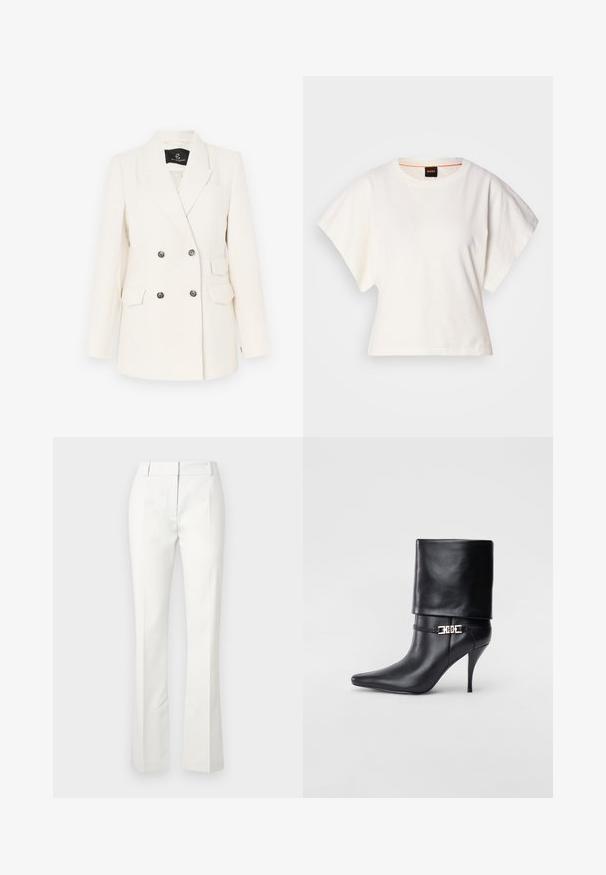 Dvojradový blejzer z textúrovaného bieleho materiálu. Obsahuje čierne kovové gombíky, dve predné vrecká a klopový golier.; Biely skrátený tričko, krátke široké rukávy, mäkký bavlnený materiál, okrúhly výstrih s jemným oranžovým lemovaním, minimalistický dizajn, bez vzorov alebo grafiky.; Biele nohavice na mieru s rozšíreným spodkom, s prednými záhybmi a hladkým povrchom, vyrobené z ľahkého materiálu.; Čierna kožená členková topánka s špicatou špičkou, vysokým ihlovým podpätkom, prehnutým manžetom a zlatým dekoratívnym sponou na členku.