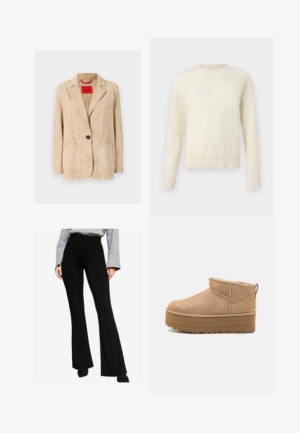 Béžová bavlnená bunda s klopovým golierom, jedným čiernym gombíkom, dvoma prednými vreckami a viditeľnými švami. Červený štítok vo vnútri.; Svetlý krémový sveter s dlhými rukávmi, okrúhlym výstrihom a rebrovaným spodným okrajom. Vyrobený z mäkkého materiálu s hladkou štruktúrou.; Čierne rozšírené nohavice vyrobené z elastického materiálu, s vysokým pásom a švovými detailmi vpredu, spárované so šedým dlhým rukávom.; Béžové semišové členkové topánky s mäkkým interiérom, vybavené platformovou podrážkou a malým úchytom na zadnej strane pre jednoduché obúvanie. Textúrovaná gumová podrážka.