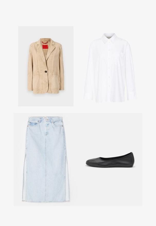 Beež puuvillane jope, millel on soonikuga krae, ühe musta nööbi sulgemine, kaks esist pocketit ning nähtavad õmblusdetailid. Punane silt sees.; Valge pika käisega krae särg, mis on valmistatud puuvillast. Omab nööbipaneeli esiosa ja ühte rinna taskut. Sujuv tekstuur, vabalt lõigatud.; Heledsinine denim maxi seelik sirge lõikega, millel on külgmised lõhed ja viie taskuga disain. Silmapaistev õmblus ja metallist nööp sulgemiseks.; Musthave mustika tantsutossud mustast nahast, ümmarguse varbaga, siledast tekstuurist, minimaalse õmblusdetailiga ja paindliku tallakujundusega.