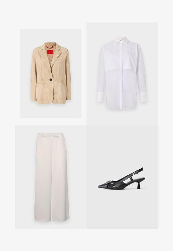 Bežs kokvilnas žakets ar iecirstiem cilindriem, ar vienu melnu pogu, divām priekšējām kabatām un redzamām šuvju detaļām. Sarkanā etiķete iekšpusē.; Balta garām piedurknēm blūze, kas izgatavota no viegla auduma, ar klasisku apkakli, priekšējo pogu aizdari un slāņveida dizainu ar caurspīdīgu apakšējo daļu.; Gaiši bēšas platās bikses ar elastīgu jostasvietu. Gluda auduma, pilnas garuma, bez redzamām rotājumiem vai rakstiem.; Melnas ādas šlipsveida kurpes ar norādītu purngalu, dekoratīvām joslām ar metāla acīm un zemu bloku papēdi. Teksturēta virsma.