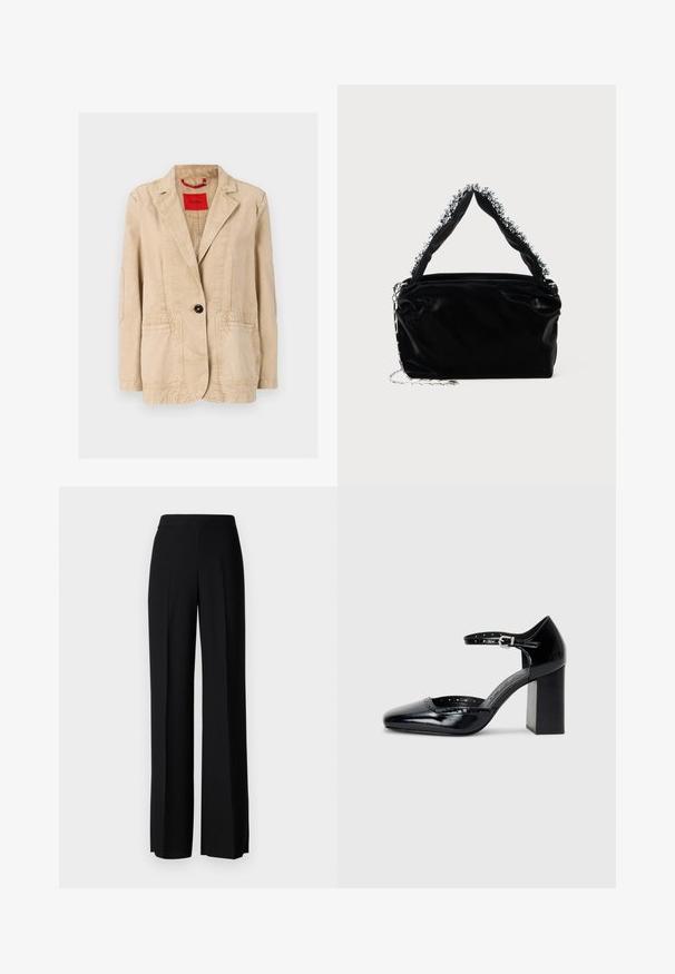 Beige bomulljakke med notched lapel, enkelt svart knappelukking, to frontlommer og synlige sømdetaljer. Rød etikett inni.; Hvit bomull t-skjorte med korte ermer, rund hals, avslappet passform og uten synlige mønstre eller grafikk. Glatt tekstur og enkelt design.; Sorte vidde bukser med en glatt tekstur, med høy midje og sentrale folder. Ingen synlige mønstre eller maskinvaredetaljer.; Sorte lakk lær høye hæler med firkantet tå, ankelrem og chunky hæl. Inkluderer perforerte detaljer langs kanten.; Svart veske i faux lær med tekstur, med en perlet sølvdetalj langs det øverste håndtaket og en kjede-rem.