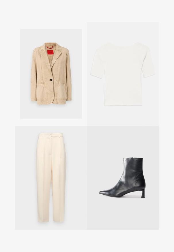 Beige cotton jacket with a notched lapel, single black button closure, two front pockets, and visible stitching details. Red label inside.; White ribbed short-sleeve top with a wide neckline. The texture features vertical stripes, emphasizing a snug fit and simple design.; Beige tailored trousers with a straight fit, featuring pleats at the front, a smooth texture, and a mid-rise waist. No visible pockets.; Black leather ankle boot with a pointed toe and a sleek design. Features a low heel and a zipper closure at the back. Smooth texture.