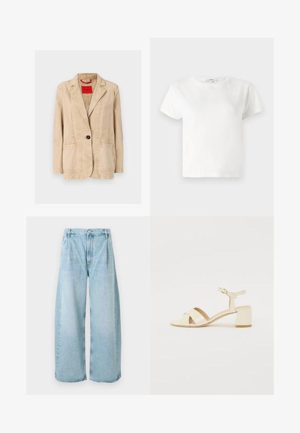 Beež puuvillane jope, millel on soonikuga krae, ühe musta nööbi sulgemine, kaks esist pocketit ning nähtavad õmblusdetailid. Punane silt sees.; Valge puuvillane t-särk lühikeste varrukatega, ümar kaelus ja relaxed fit. Silt on nähtav kaeluse juures, sile tekstuur. Lihtne disain, ilma ornamentideta.; Heledad sinine laiad teksapüksid, millel on rippuvad voldid ees, nup closure ja sirged lõpud, neil on kogu ulatuses tuhm tekstuur.; Beež patentnahast kontsaga sandaalid, millel on risti rihmad, avatud varvas, reguleeritav pahkluu riba ja plokk-konts. Sile tekstuur.