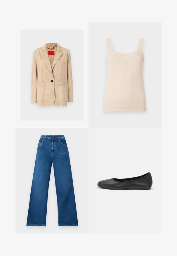 Beige cotton jacket with a notched lapel, single black button closure, two front pockets, and visible stitching details. Red label inside.; Beige ribbed tank top with thin straps and a rounded neckline. Features a stitched logo on the front. Smooth texture, fitted design.; Wide-leg jeans in dark blue denim with a high waist, featuring front and back pockets, and contrast stitching details.; Black leather ballet flat with a rounded toe, smooth texture, minimal stitching detail, and a flexible sole design.