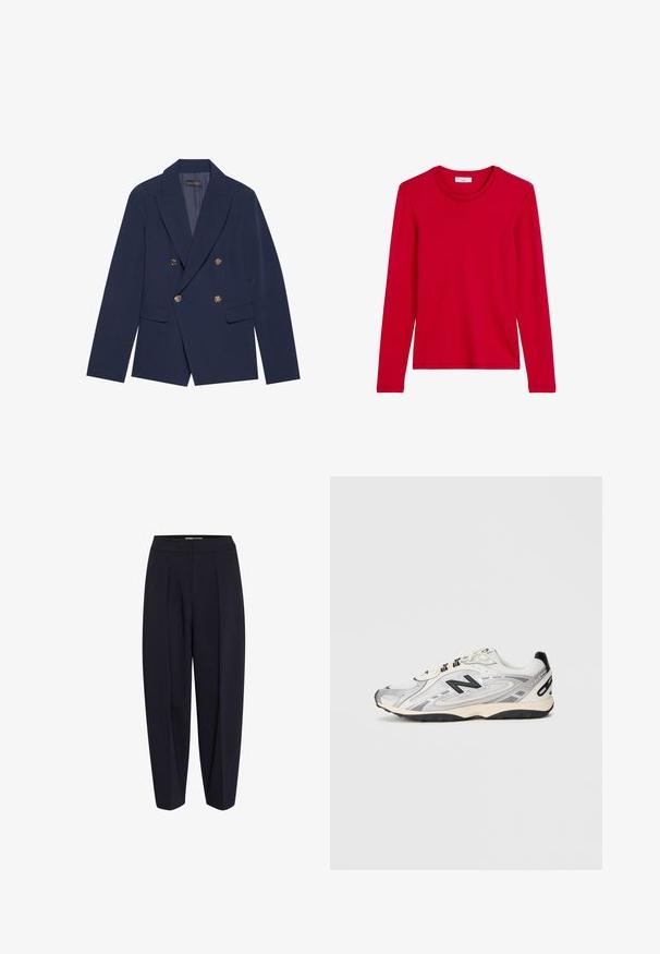 Blazer azul marino de doble botonadura, hecho de una tela suave, con botones dorados, solapas con muesca y dos bolsillos frontales.; Camisa roja de manga larga hecha de algodón suave. Cuenta con un escote redondo y un diseño sencillo, sin patrones ni adornos metálicos.; Pantalones navy de cintura alta, con pliegues en el frente y diseño de pierna tapered. Fabricados con una tela suave sin hardware ni patrones visibles.; Zapatilla deportiva gris y blanca con punta redondeada, materiales de malla y sintéticos, acentos negros y suela de goma texturizada.