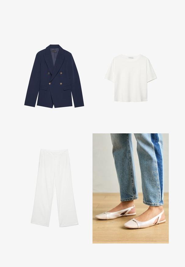 Tummansininen kaksirivinen bleiseri, joka on valmistettu sileästä kankaasta. Siinä on kultasävyiset napit, hahlot ja kaksi etutaskua.; Valkoinen lyhythihainen T-paita, joka on tehty puuvillasta. Siinä on pyöreä kaula-aukko ja rento malli. Silkkinen pinta ilman näkyviä kuvioita tai koristeita.; Valkoiset leveälahkeiset housut, joissa on sileä rakenne, etutaskut ja klassinen vyötärö vyölenkeillä.; Vaaleanpunaiset slingback-ballerinat, joissa on terävä kärki, valmistettu sileästä nahkamaisesta materiaalista. Sivujen leikkuuyksityiskohdat ja tasapohja.